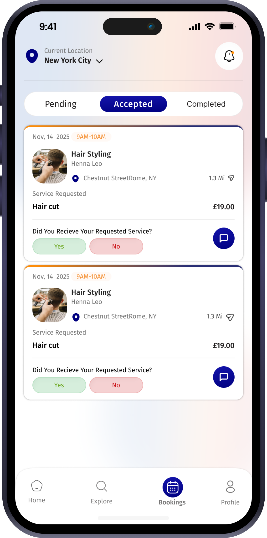 Bookings screen